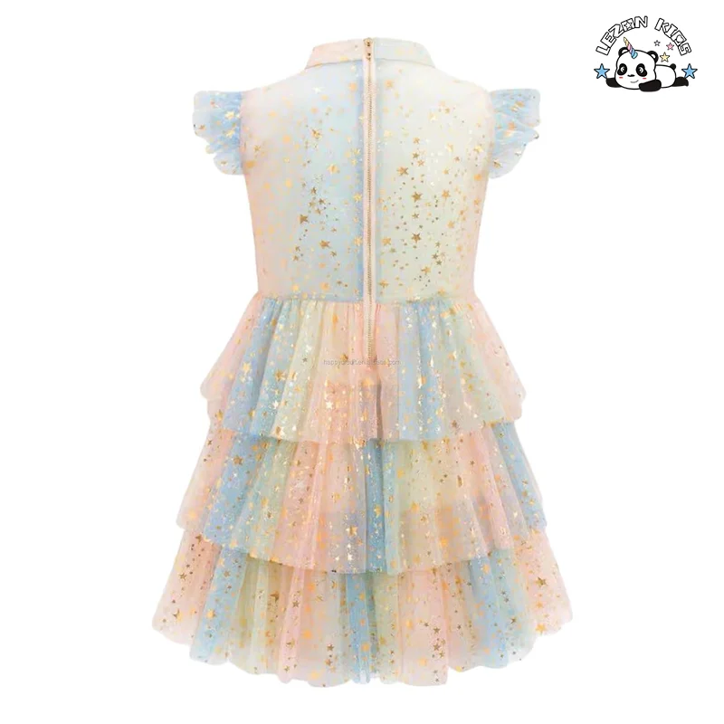 LEZONKIDS - 2024 OEM ODM Gold Star Foil Print Rainbow Bow High Collar Elegant Layers Girls Tulle Dress